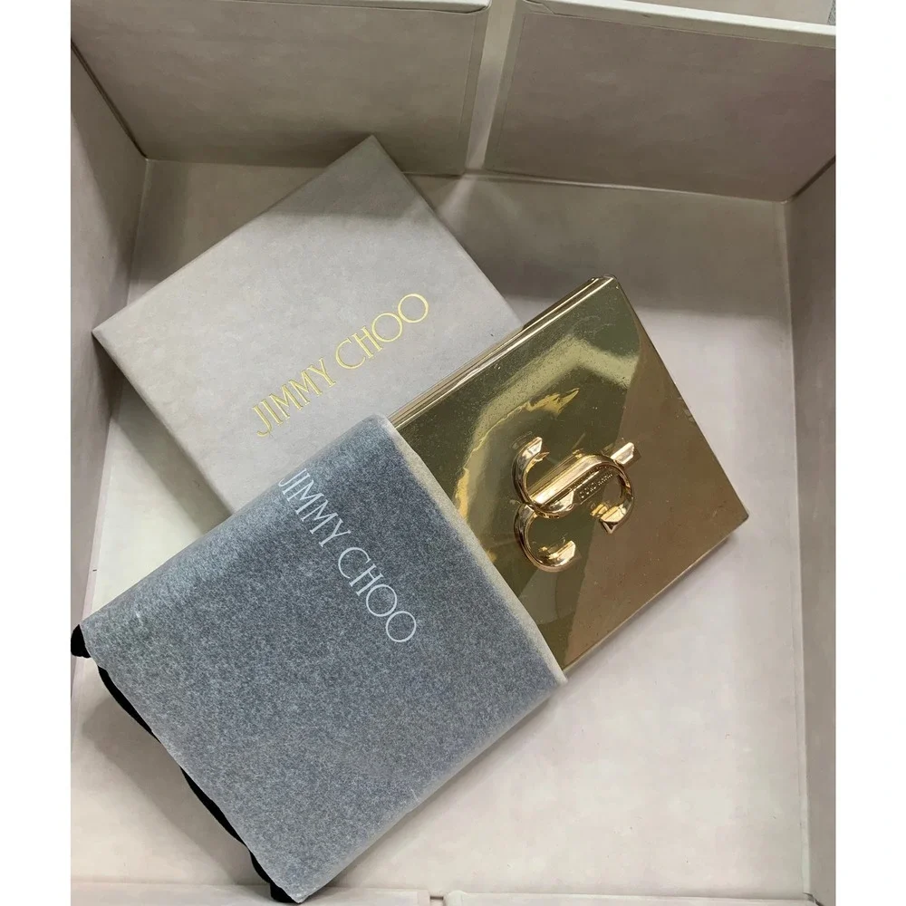Jimmy Choo Gold JC Monogram Square Compact Mirror with Pouch and Box NEW#568